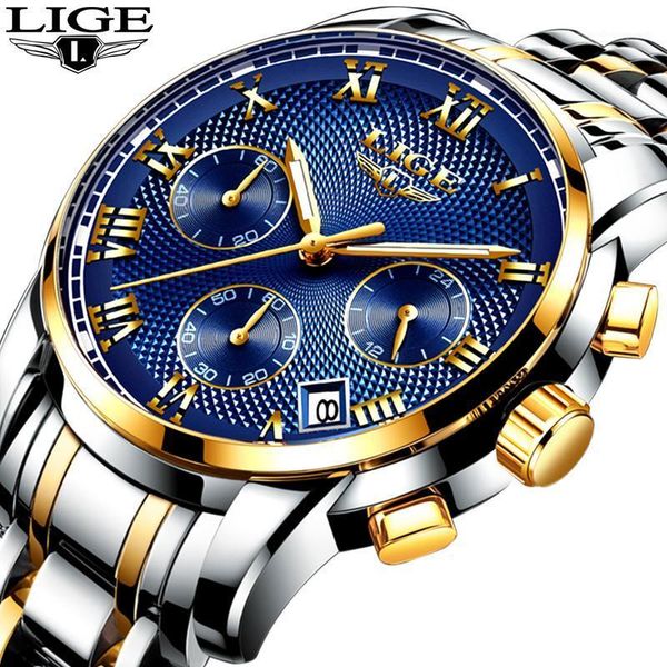 

wristwatches 2021 clock mens lige chronograph sports watch for men waterproof all steel quartz gold relogio masculino, Slivery;brown