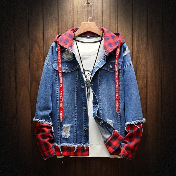 

men's jackets denim patchwork gold ribbon cowboy punk rock jacket high street fashion outwear men coat autumn, Black;brown