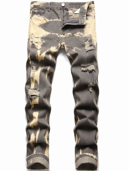 

men brush print ripped detail jeans y7tr#, Blue