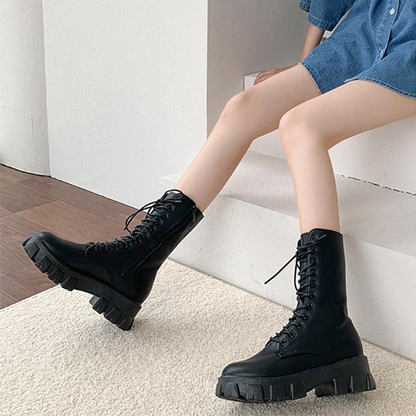 

boots 2021 platform thick soled mid shoes lace up short for winter autumn retro comfy pu leather, Black