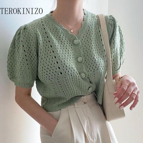 

women's knits & tees terokinizo vintage elegant cardigan women cut out single breasted korean chic knitwear unicolor v neck short sleev, White