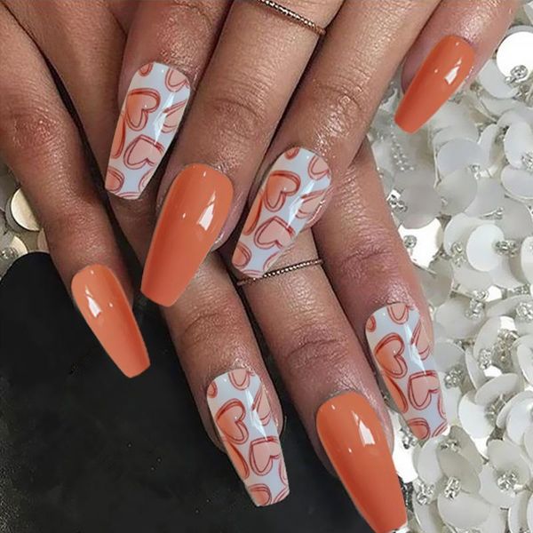 

false nails long flat nail piece 24 pcs stick on jelly patch cute heart glossy manicure for salon art diy, Red;gold