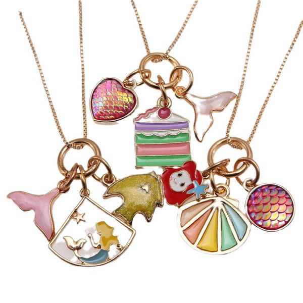 

girls necklaces pendants jewelry childrens accessories mermaid princess chain rainbow box children's b9248, Red;brown