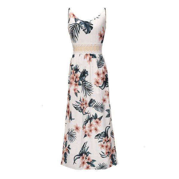 

new 2021 high waist hollow out long women summer boho strap sleeveless v neck lace print sun party es 786p, Black;gray