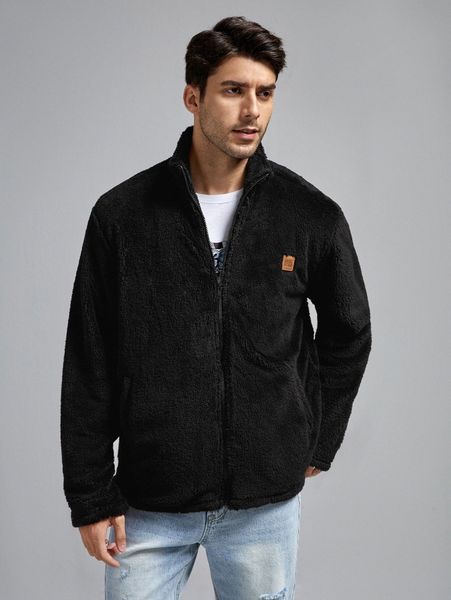 

men patched detail slant pockets teddy jacket h1bw#, Black;brown