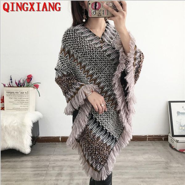 

women's sweaters 2021 plus size women striped triangle long pullover v neck loose sweater autumn outer street cloak knitted tassel ponc, White;black