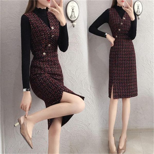 

two piece dress fashion suits women winter long sleeve bottoming sweater + vest slim woolen strap suit, White