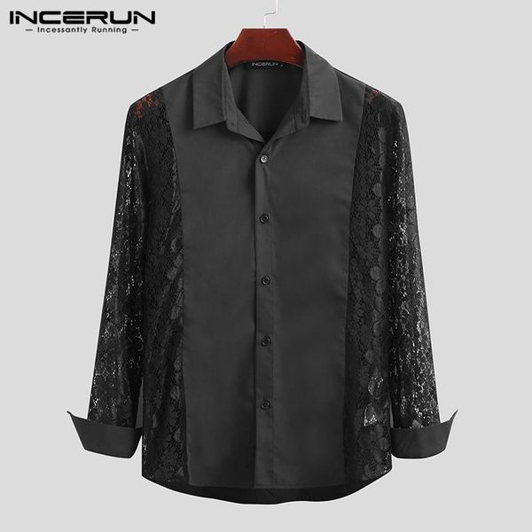 

men's casual shirts incerun men shirt lace patchwork long sleeve party nightclub lapel fashion brand dress chic 2021 solid camisas, White;black