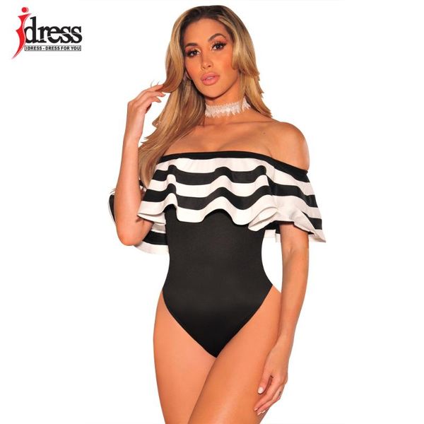 

women's jumpsuits & rompers idress black and white striped bodysuit women 2021 summer ruffles strapless off shoulder romper backless bo, Black;white