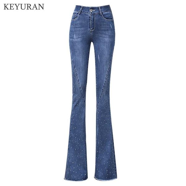 

women's jeans woman fashion elastic high waist loose rivet denim pants 2021 ladies flare women casual slim fit plus size, Blue