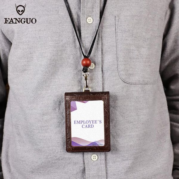 

card holders genuine leather badge holder lanyard handmade identity name students case cover credit bank neck strap bus id, Brown;gray