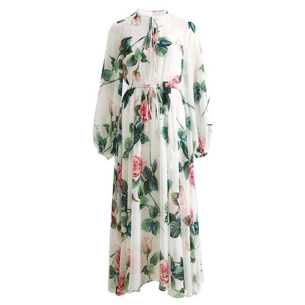 

casual dresses women plus size 3xs-10xl bohemian retro vintage rose flower print maxi long a line chiffon vacation dress black/white, Black;gray