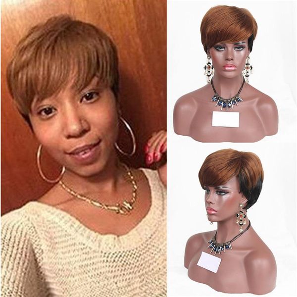 

synthetic wigs ombre brown straight hair pixie wig with bangs short bob for black women heat resistant