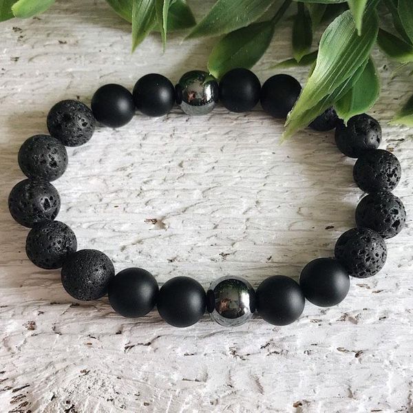 

tennis mens bracelet yoga mala jewelry black lava beaded matte onyx wrist healing gift for him, Golden;silver