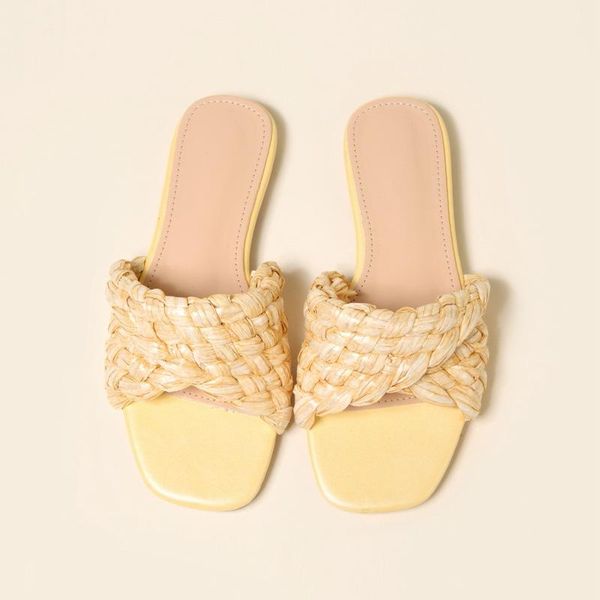 

slippers 2021 lafite grass braided beach woman flat square toe hand woven sandals summer candy colors comfort vacation shoes, Black