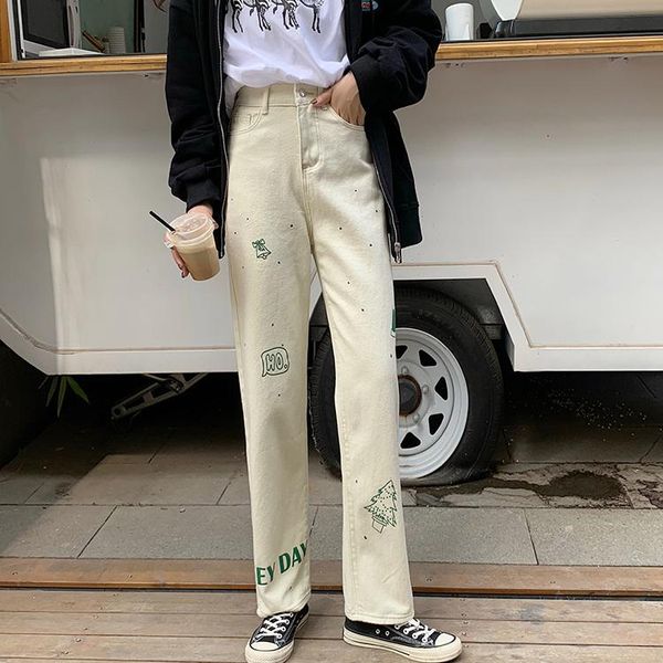 

women's jeans 2021 spring fashion christmas print streetwear high waist baggy straight pants girl student y2k denim trouser, Blue