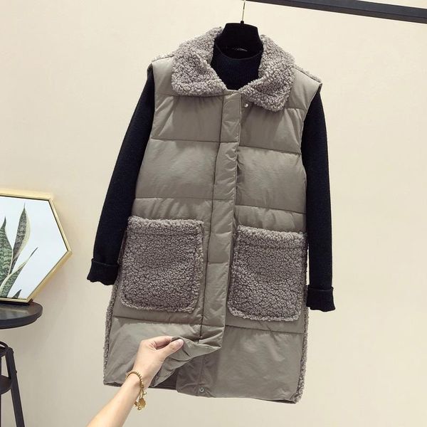 

2021 new autumn and winter lamb wool stitching down cotton vest women's mid-length korean version of the all-match vest jacket, Black;white