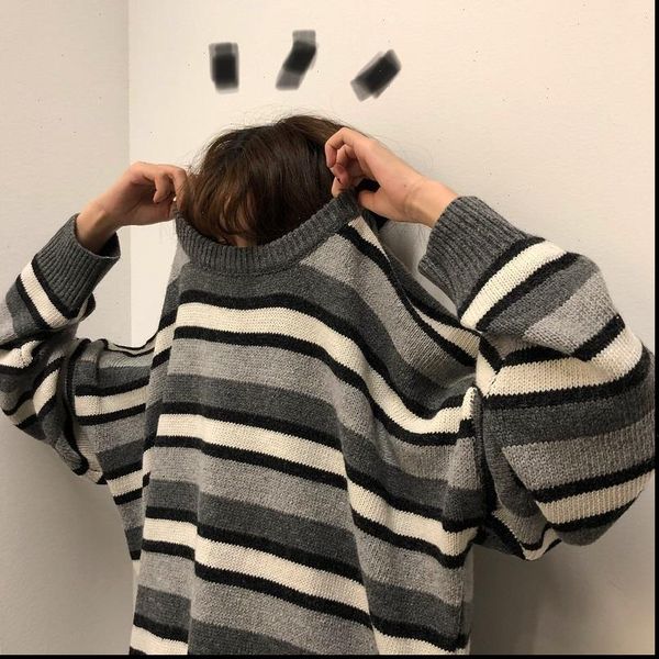 

japanese casual large size fun striped sweater female college couple loose harajuku ulzzang o neck ins knitted chic sweater, White;black