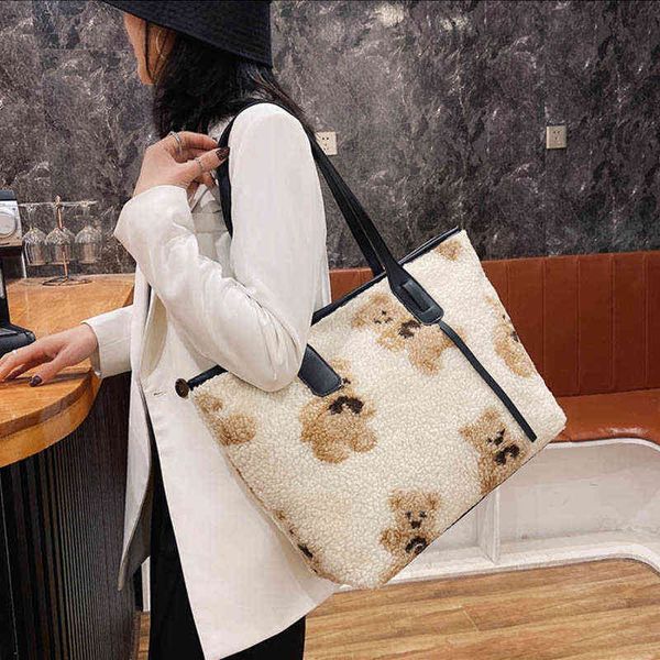 

shoulder bags tote winter plush for women cute bear large capacity female designer handbag fashion big shopping 1122