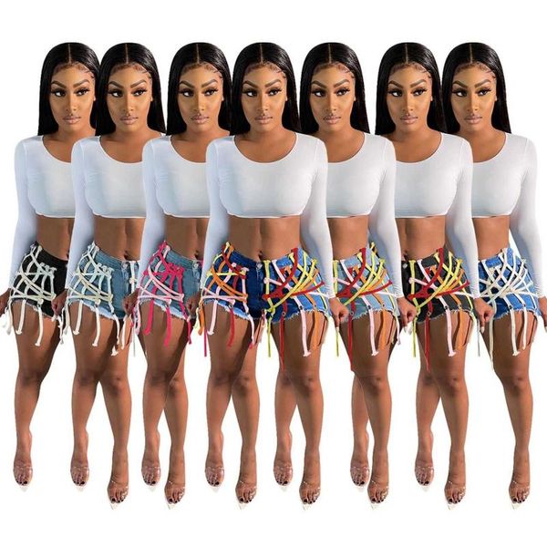 

women's shorts fashion girls denim summer 2021 test sale zipper hollow out bandage string tassels high waist casual jeans street wear, White;black