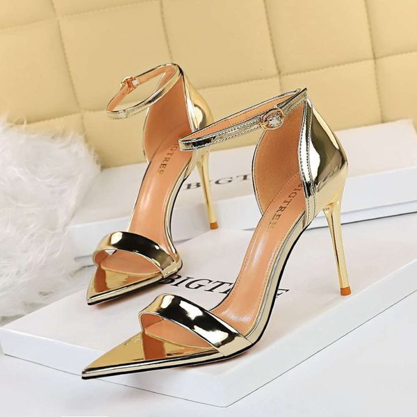 

528-1 style banquet summer high heels thin open toe pointed one-way belt sandals, Black