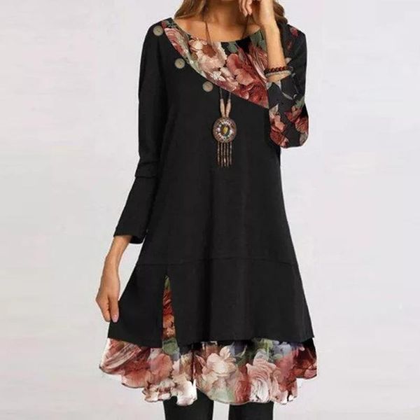 

fashion women o neck print floral dress women casual long sleeve plus size loose dress elegant office dresses party ladies, Black;gray