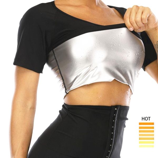

women's shapers women sweat sauna t shirt short sleeve tank workout compression weight loss body shaper stomach fat burner suit, Black;white