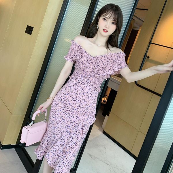 

casual dresses 2021 summer women's dress with elastic ruffled neckline and slim floral office lady, Black;gray