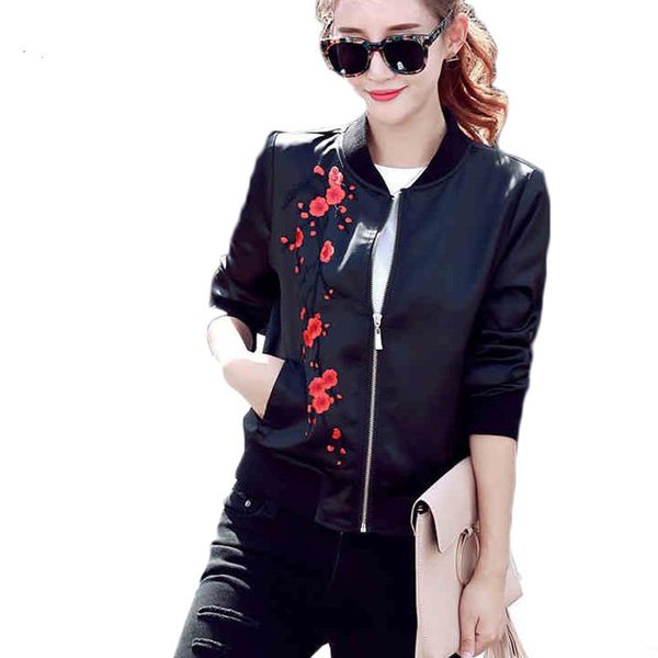 

women's jackets harajuku flower embroidery jacket women contrast color floral bomber coat pilots outerwear black plants-flowers a048, Black;brown
