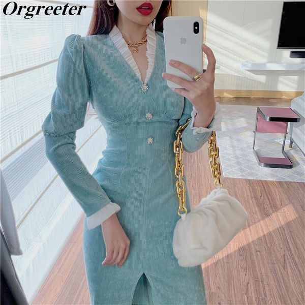 

casual dresses solid elegant corduroy women fall winter patchwork lace party dress retro sweet beaded slim bodycon split pencil, Black;gray