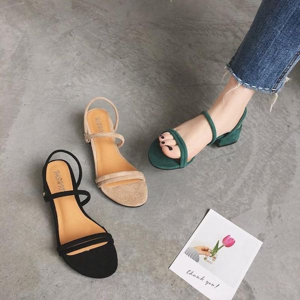 

sandals versatile round head strap with middle heel roman sandal peep-toe suede korean edition shoes for women, Black
