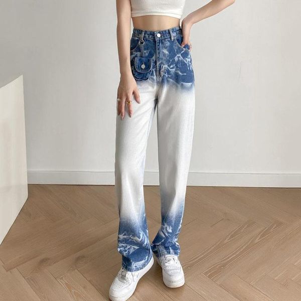 

women's jeans seebeautiful contrast color printed loose lace up pockets denim pants women autumn 2021 fashion g430, Blue