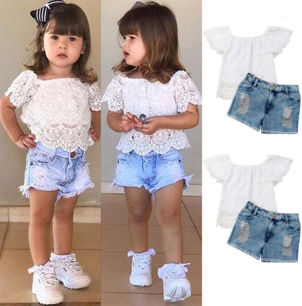 

baby summer clothing toddler kids girls clothes mesh lace shirt + ruffle denim short 2pcs outfits set 1-4t sets, White