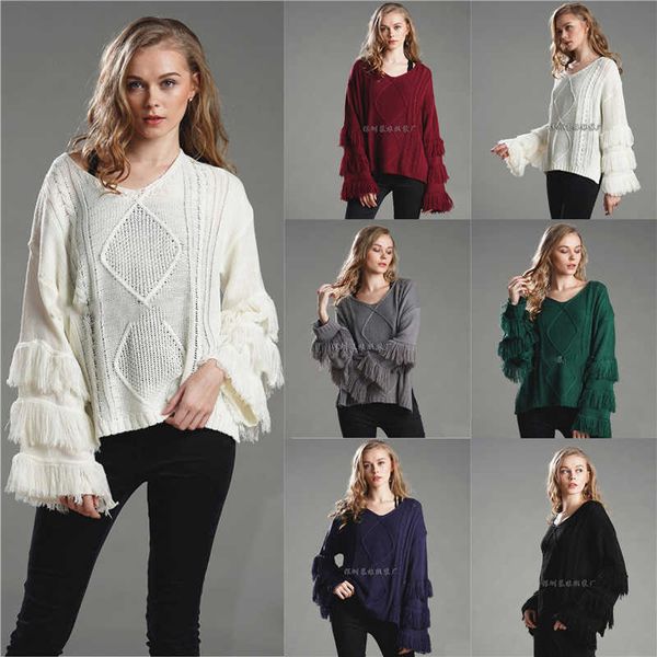 

women's sweater autumn solid color tassel decoration long-sleeved loose casual high-quality 210527, White;black