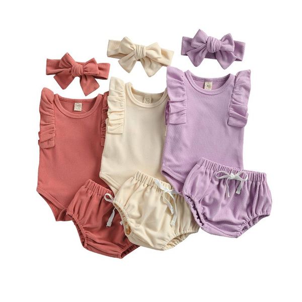 

clothing sets 3pcs infant baby girls clothes outfit summer breathable solid round collar lace sleeveless romper + shorts +headband, White