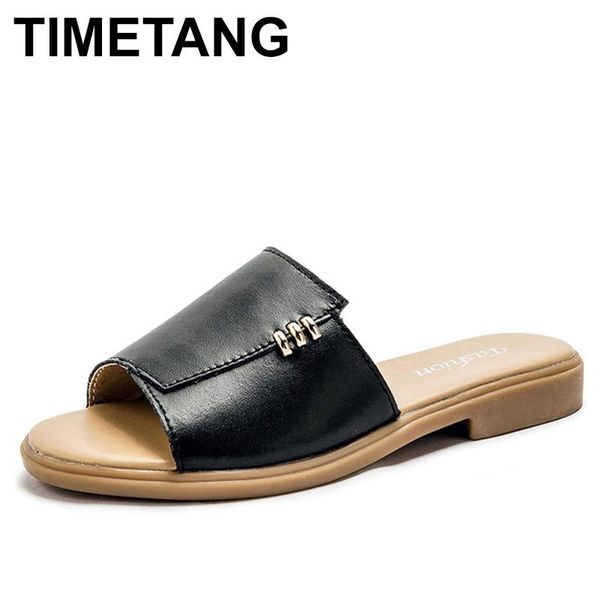 

slippers timetang women shoes summer slides cow leather metal decoration flat casual open toe lady sandals, Black