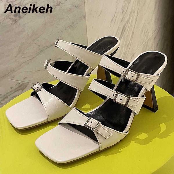 

aneikeh summer square end fashion women's slippers pu buckle thin heels rome outside party shoes sandalias mules 35-39 210615, Black
