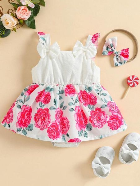 

baby floral print bow front combo bodysuit dress with headband she, Red;yellow