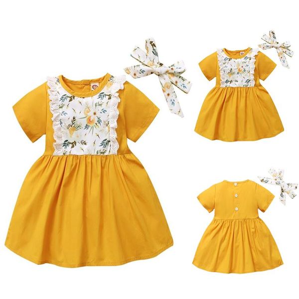 

girl's dresses 2pcs kids girls short sleeves o-neck printed dress + headband summer casual holiday beach outfits children outwearing, Red;yellow