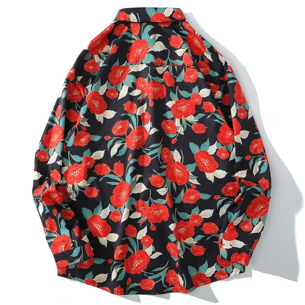 

new red 2021 peony flowers print long sleeve casual harajuku streetwear cotton loose hawaiian beach shirts mens sr3c, White