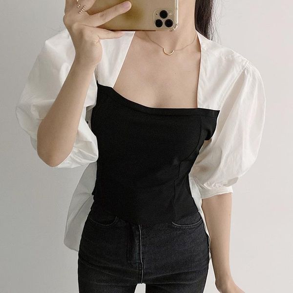 

women's blouses & shirts design square collar contrast color stitching women blouse fake two piece slim lantern sleeve shirt simple el, White