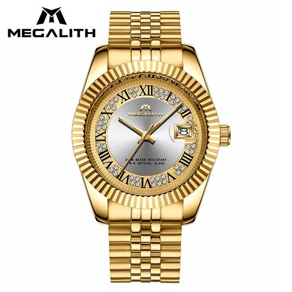 

wristwatches megalith luxury business watches men waterproof analogue date wrist watch gold case stainless steel quartz male clocks, Slivery;brown