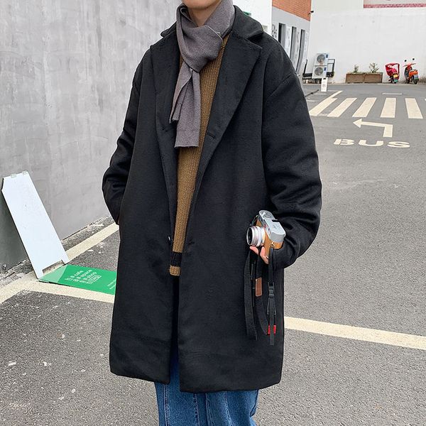 

2021 winter long men's fashion solid color casual oversized men style woolen coat mens overcoat la0t, Black