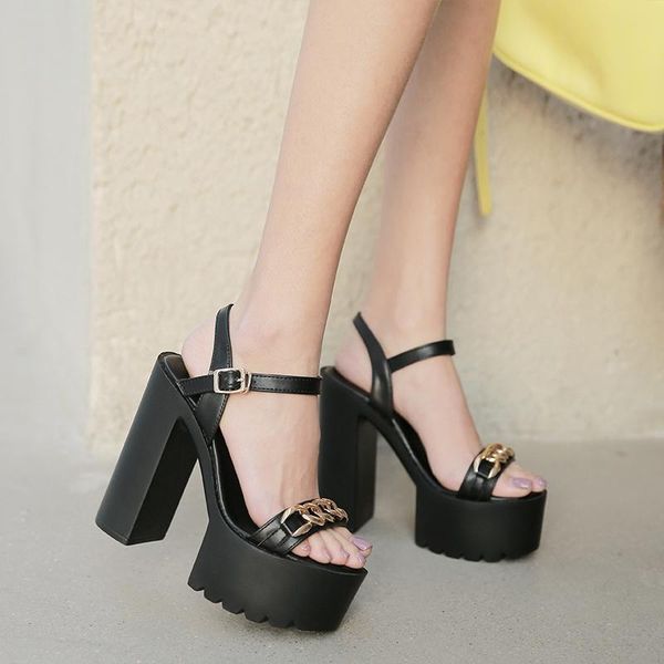 

summer women gladiator sandals 2021 designer peep toe hollow out square high heels platform ankle buckle party ladies shoes, Black