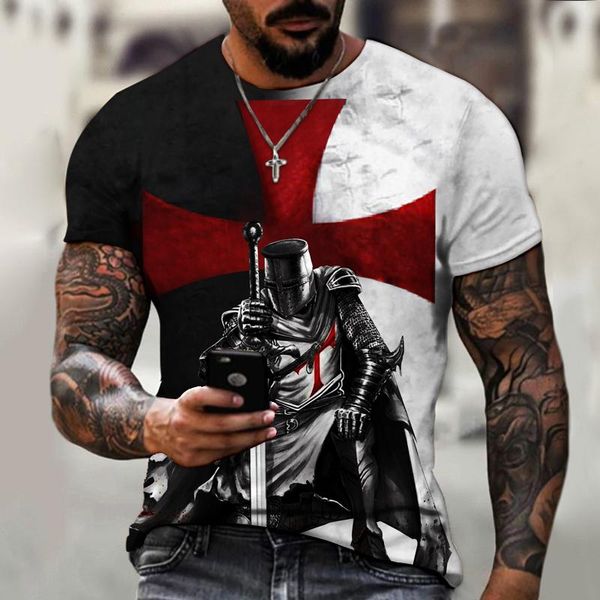 

men's t-shirts summer 3d knight print t-shirt cross short-sleeved street hip-hop 6xl, White;black