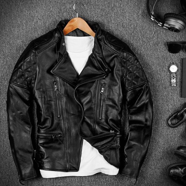 

men's leather & faux stand collar cowskin genuine jackets rock punk style moto&biker coats short slim overcoat, Black