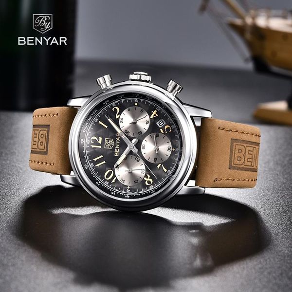 

wristwatches men's watches 2021 benyar quartz watch men chronograph sports waterproof military fashion casual luminous, Slivery;brown