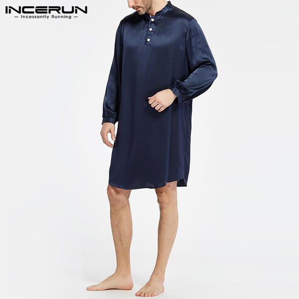 

men's sleepwear incerun solid color nightgown men robes pajamas silk satin long sleeve stand collar bathrobe man elegant winter s-5xl, Black;brown