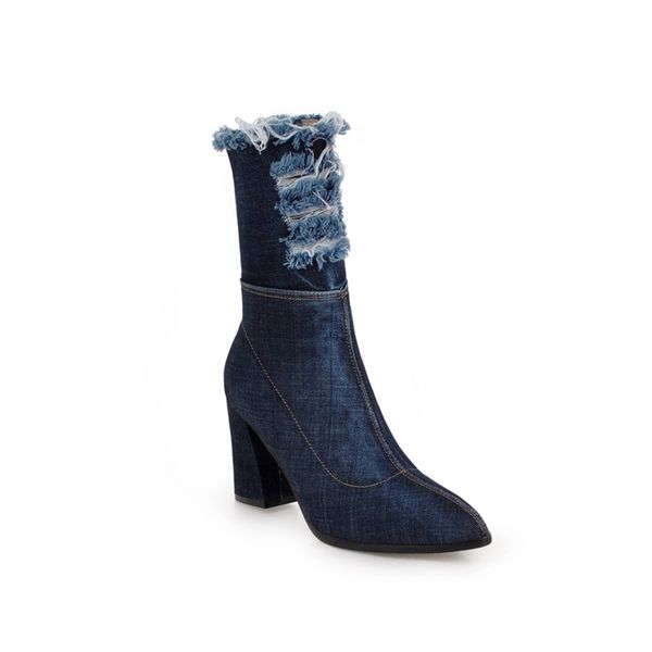 

2021 spring/autumn new pointed toe denim boots women super high thin heels broken hole zipper girls boots blue rough shoes women, Black