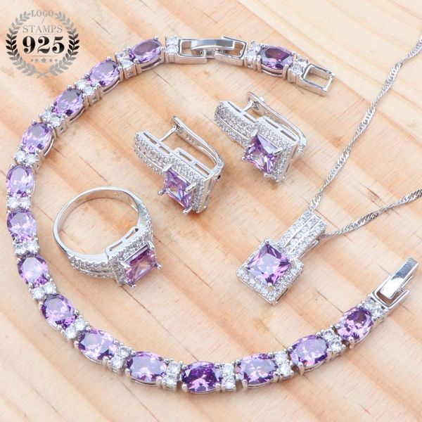 

wedding jewelry sets 925 sterling silver bridal purple zircon earrings for women costume rings bracelet necklace set gifts box, Slivery;golden